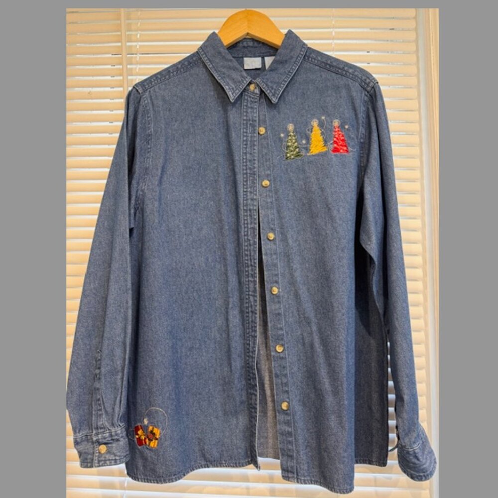 Vintage Holiday Appliqué Embroidered Blue Button-Down Shirt Size L